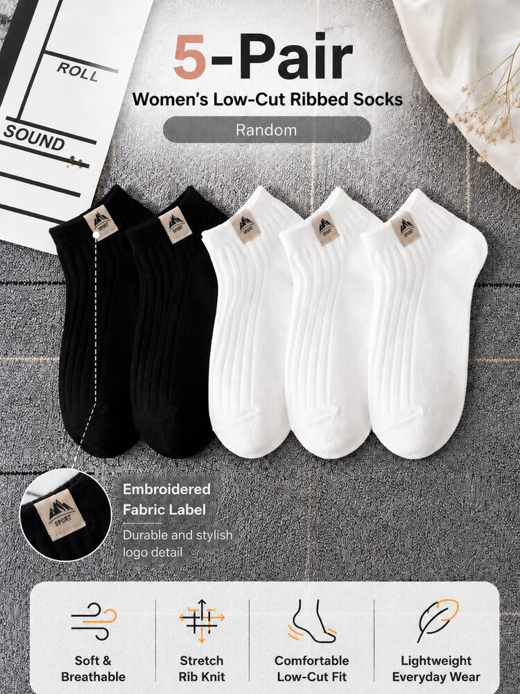 5 Pairs Breathable Moisture-Wicking (Embroidered Label) Lightweight Versatile Ankle Socks, Random Assortment