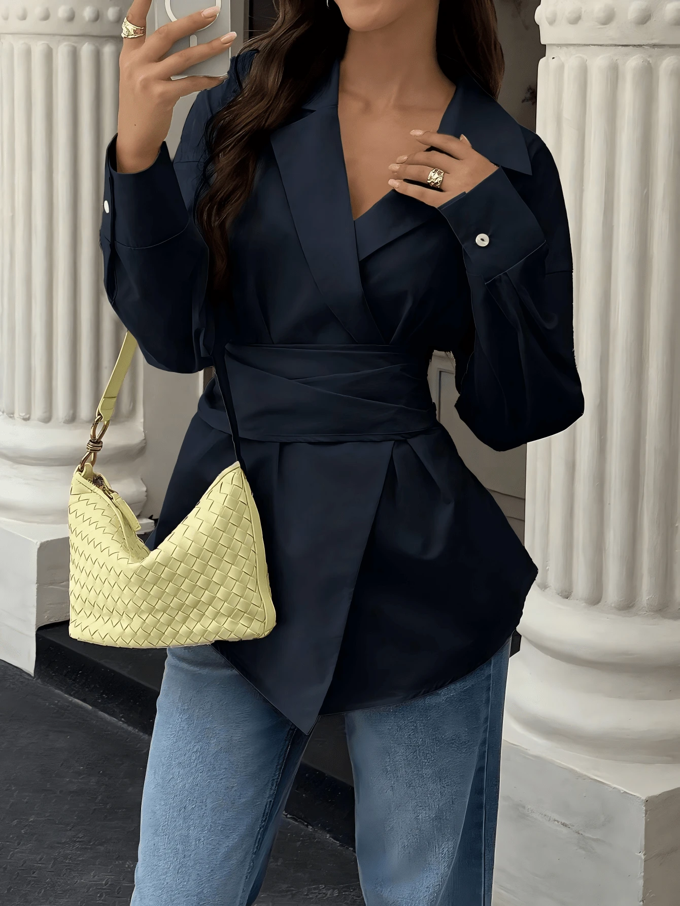 Women's Solid Color Woven Long Sleeve Shirt, Asymmetric Hem, Back Tie Design, Casual Wear - Navy Blue - View 1
