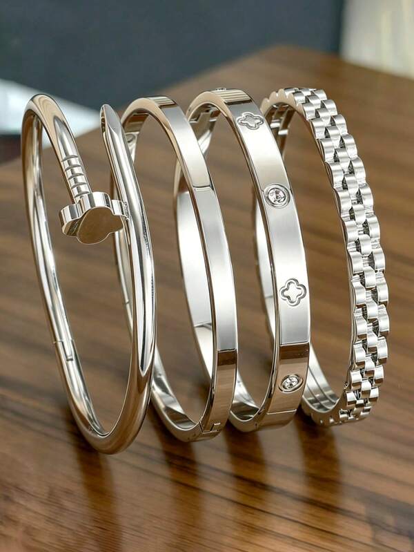 4/1 Peça Pulseira de Flor de Trevo de Quatro Folhas de Aço Inoxidável de Alta Qualidade, Acessórios de Moda Feminina de Aço Inoxidável, Conjunto de Joias Femininas Multicomponentes, Design Minimalista, Elegante e Versátil, Adequado para Reuniões Femininas, Uso Diário, Lazer, Namorados, Amigos, Presentes Familiares, Festivais de Música, Banquetes, Férias de Verão na Praia