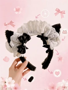 Miniso 猫耳发箍，带蕾丝蝴蝶结，1个装，弹性舒适，方便实用，适合女性成人洗脸、护肤、化妆、淋浴、日常佩戴、派对、角色扮演、万圣节礼物。包含面膜发箍、SPA发带、淋浴发带、洁面发带、毛巾发带、美容发带、荷叶边发带。 - style2 - 查看 3