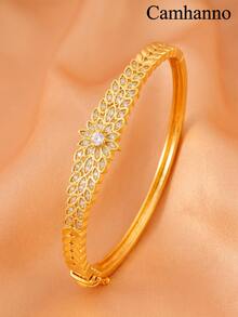 Camhanno 1 pieza Brazalete de flor de cobre chapado en oro de estilo de lujo ligero. Con una exquisita artesanía de microajuste, esta pieza versátil es perfecta para el uso diario y sirve como la opción de joyería ideal para bodas y banquetes. - Dorado - Ver 2