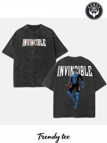 230G Washed Pure Cotton T - Shirt, Men'S Casual Fashion, With "IMVINCIBLE" Anime Character Print, Outdoor Sports T - Shirt |   Loose Fit |   Soft Knitted T - Shirt - màu đen - Xem 1
