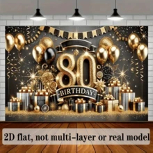 2D Flat Banner1 Elegant 80th Birthday Party Polyester Banner, Gold And Black Theme With Balloons, Stars, And Champagne Patterns, Perfect For Photo Backdrops, Outdoor Celebrations, Home And Yard Decor - 1 Item - View 7