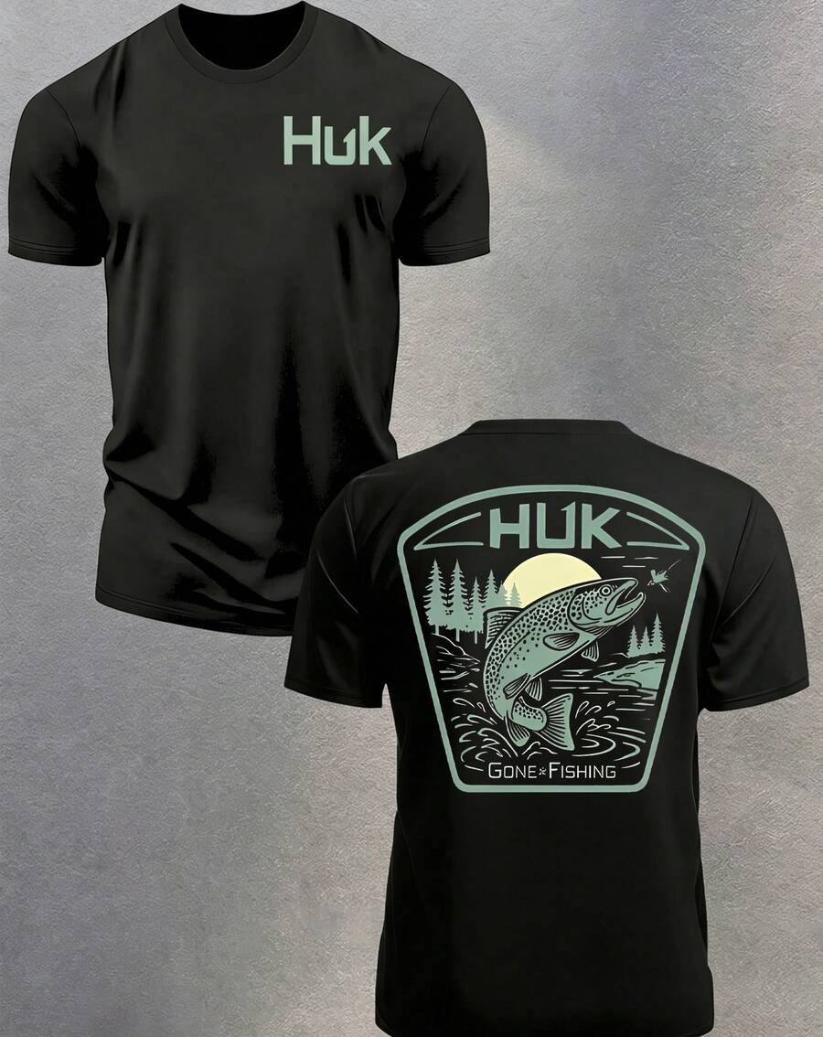HUKFishing Graphic Mens Short Sleeve Tee, Outdoor Angling Crew Neck Top, Multiple Colors, Ideal Father's Day Gift For Dad, Daily Camping CasualOutfit - 黑色 - 查看 1