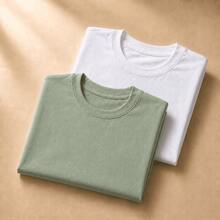 Set Of 2 Short-Sleeve Egyptian Cotton T-Shirts - 白色和水綠色 - 查看 1