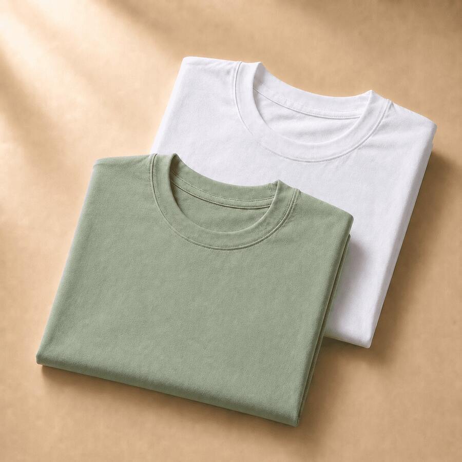 Set Of 2 Short-Sleeve Egyptian Cotton T-Shirts - 白色和水綠色 - 查看 1