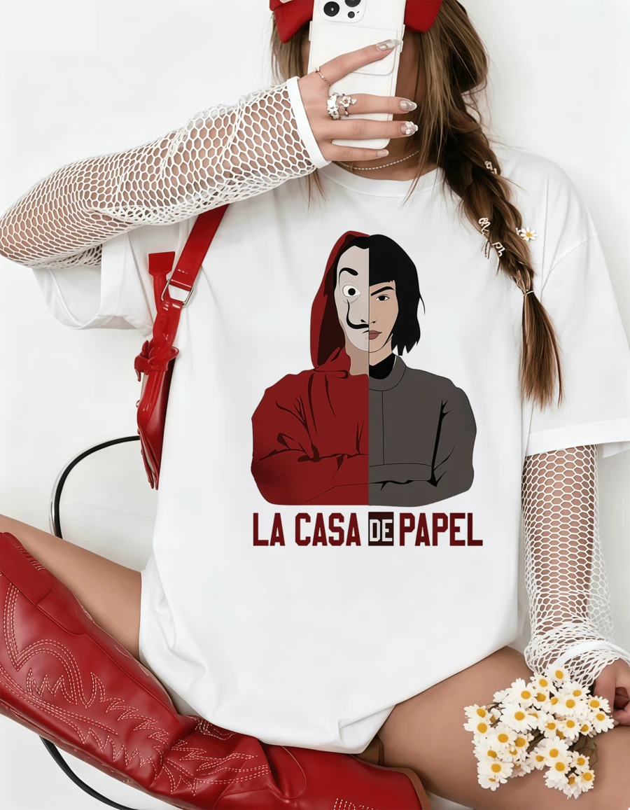 Unisex Money Heist Tokyo Half Mask Print T-Shirt - Split Design Shirt For Women And Men - White - View 1
