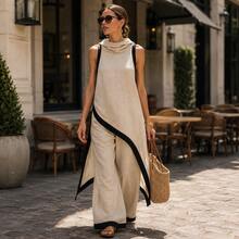 2026 Women's Contrast Trim Linen Two Piece Set Sleeveless Hooded Top Wide Leg Pants Resort Outfit - 淺米色 - 查看 3