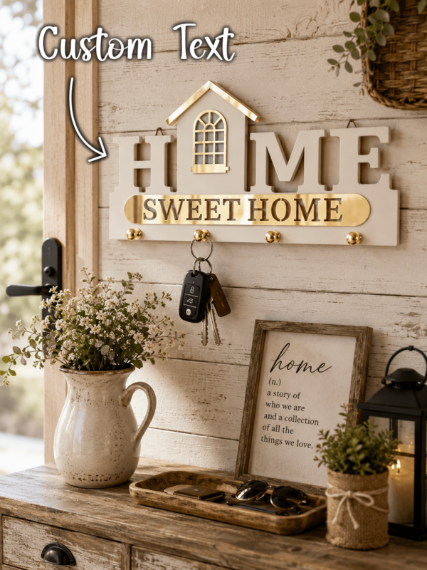 Personalized Home Sweet Home Key Holder Wall Decor, Rustic Farmhouse Entryway Key Rack, Mirror Gold Acrylic Wooden Key Hanger, Housewarming Gift For New Home, Modern Entryway Organizer With Hooks, Wall Mounted Key Storage For Apartment, Kitchen, Hallway, Family Home Decor