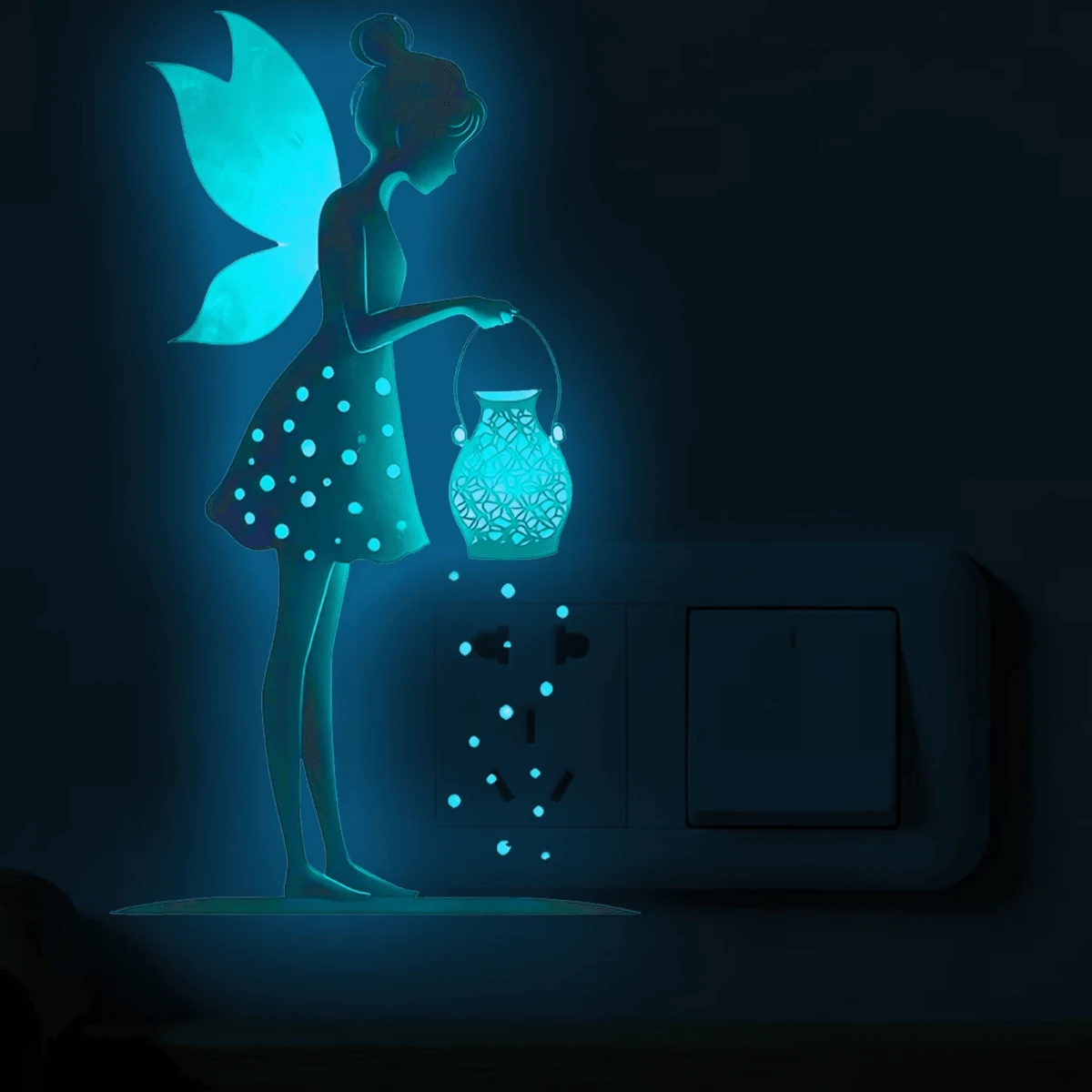 1pc Blue Lantern Fairy Silhouette Glow-In-The-Dark Decorative Sticker, Dreamy Light Point Wall Decal, Self-Adhesive Removable Creative Sticker, Suitable For Home Decor, Glass Decoration, Switch Decoration, Etc.