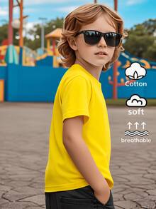 Boys' 100% Casual Short-Sleeve T-Shirt With Tiger Face Print – Fun Summer Design, Machine Washable, Regular Fit For Casual Wear, Playful Fashion For Boys, Comfortable Children's Clothing, Fun Print, Breathable Fabric, For Toddlers - 黃色 - 查看 2