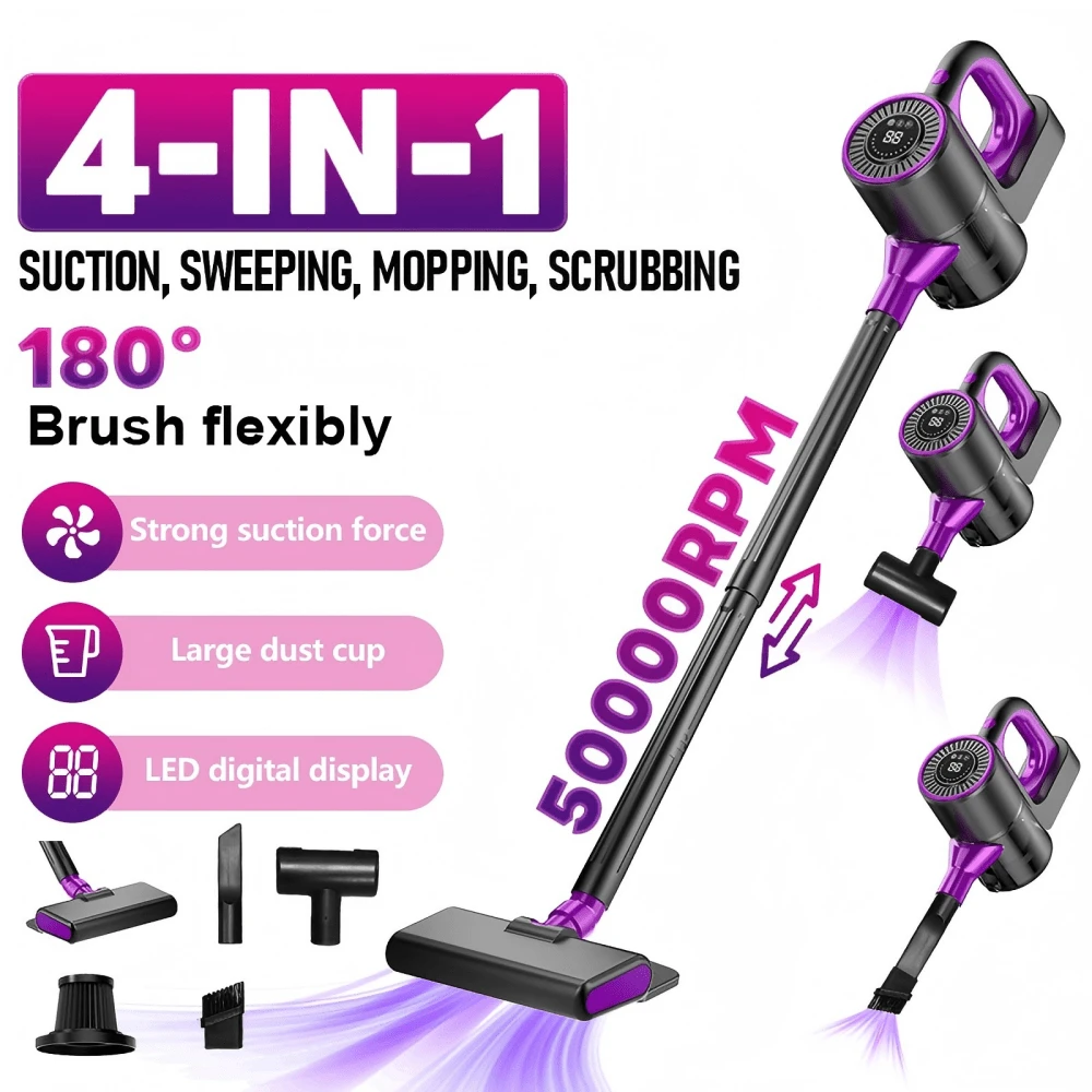 Multifunctional Long Handle Stick Handheld Vacuum Cleaner, Car Vacuum Cleaner, Built-In 3pcs 2000mAh Rechargeable High-Efficiency Lithium Batteries, USB/TYPE-C Interface, 100W Power, Long Handle Strong Suction Electric Vacuum Cleaner, High-Speed Motor, Stick Vacuum Cleaner