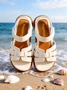 Kids Girls Beige Open Toe Sandals, Hollow Strap Design Hook-And-Loop Casual Shoes, Non-Slip Wear-Resistant Sole, Comfortable Padded Insole, Minimalist Retro Style, Perfect For Summer, School, Parties, Casual Daily Wear & Outdoor Activities, Lovely Kids Footwear For Toddlers & Little Girls - 米色 - 查看 6