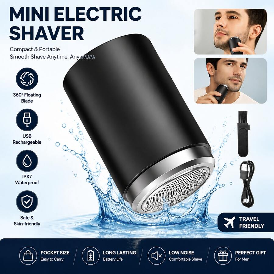 1pc ABS Material Mini Electric Shaver Portable USB Rechargeable 360° Floating Blade IPX7 Waterproof Low Noise Long Battery Life Black Gift For Men
