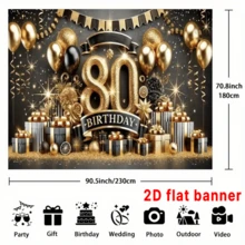 2D Flat Banner1 Elegant 80th Birthday Party Polyester Banner, Gold And Black Theme With Balloons, Stars, And Champagne Patterns, Perfect For Photo Backdrops, Outdoor Celebrations, Home And Yard Decor - 1 Item - View 3