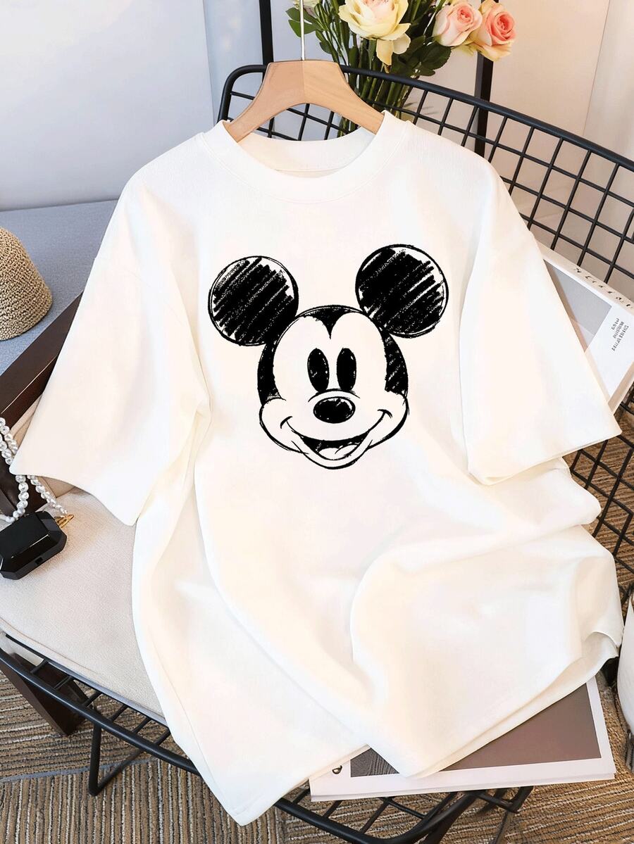 Women's White T-Shirt With Disney Minnie Mouse, Mickey Mouse, And Stitch Character Designs Is Especially Suitable For Warm Spring And Summer. - White - View 1