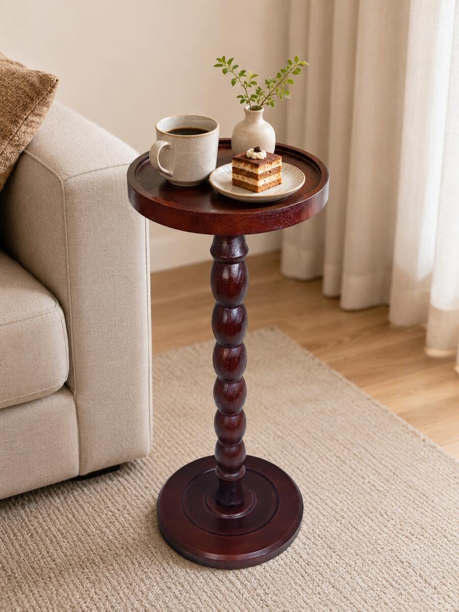 1pc Classic Solid Wood Coffee Table, Vintage Dark Brown Round Tray Top Design With Raised Edge, Turned Tapered Legs And Sturdy Round Base, Decorative Side Table/Corner Table/Accent Table, Suitable For Sofa, Living Room, Bedroom, Reading Area