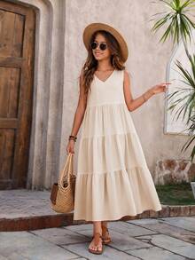 Women's Sleeveless V-Neck Tiered Maxi Dress,Solid Color Casual Swing Dresses,Summer Dress,Plus Size Dresses For Women,Pride,Elegant Dress For Women - 杏色 - 查看 2