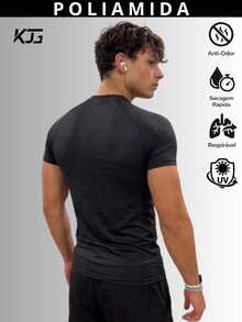 Thermal Polyamide T-Shirt Short Sleeve Anti-Odor UV50+ Protection Men's Raglan Fit Gym Training Running Second Skin - Black - View 4