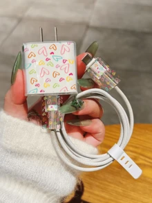 Sweet Doodle Heart Pattern, Minimalist Apple Charger Protective Case, Compatible With 20W Chargers For IPhone 15, 16 ProMax Cables, Anti-Bending, Anti-Cat Bite, Suitable For 13/14 Plus Data Cable Protector, Charger Protector. Christmas Gift - Clear - View 2