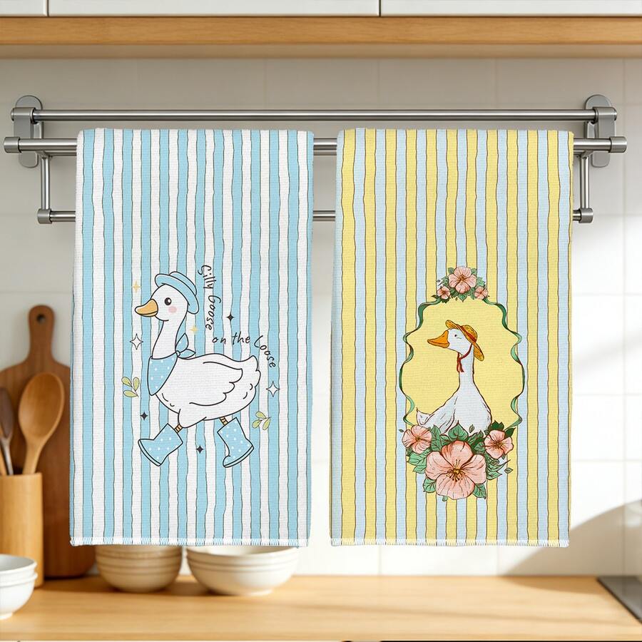 2pcs Minimalist Cartoon Cute Goose Pattern Kitchen Towels, Soft Polyester Material Dish Cloths, Suitable For Kitchen Decor, Cleaning, Holiday Party Decoration, Kitchen & Bathroom Essentials, Home Decor, Housewarming Gift - Multicolor - View 1