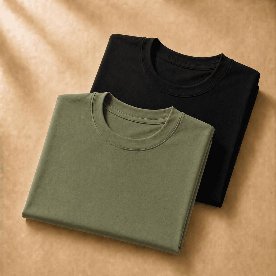 Set Of 2 Short-Sleeve Egyptian Cotton T-Shirts - Black and Military Green - View 1