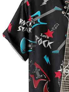 3D Printed Rock Star Electric Guitars Short Sleeve Shirt A Cool Gift For Music Lovers Featuring A Vibrant And Dynamic Pattern Of Electric Guitars In Red And Blue With Lightning Bolts And Rock Star Lettering This Shirt Embodies The Spirit Of Rock And Roll A Perfect Gift For Any Musician Or Fan. - 白色 - 查看 5