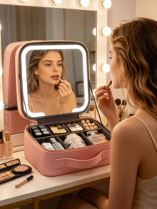 Mallette de maquillage de voyage éclairée par LED avec miroir, séparateurs réglables, boîte de rangement de cosmétiques grande capacité, peut ranger les rouges à lèvres, les pinceaux de maquillage, les soins de la peau, le téléphone, les pièces de monnaie, etc., sac de maquillage de voyage, miroir de maquillage, cadeau parfait - Multicolore - Voir 12