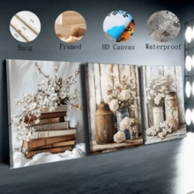 3pcs/Set This White Floral And Book-Themed Wall Hanging Features A Rustic Farmhouse Style. Made Of Waterproof Canvas, It Can Be Hung Directly And Is Suitable For Home Decor, Room Decoration, Bedroom Decoration, Living Room Decoration, Bathroom Decoration, And Wall Decoration. A Frame Is Optional. - A - View 3