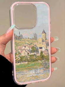 1pc Pink Painting Countryside Town Minimalist Personalized TPU Shockproof Full Coverage Phone Case Compatible With Apple 17, 16, 15, 14, 13, 12, 11 Pro Max, Air, Series - Multicolor - View 4