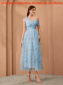 Magical, New Arrival, One-Shoulder, Romantic, 3D Floral Embroidery, Asymmetric, Elegant, Bridesmaid Dress, Pleated, Lavender, Dress Wedding - 淺藍色 - 查看 6