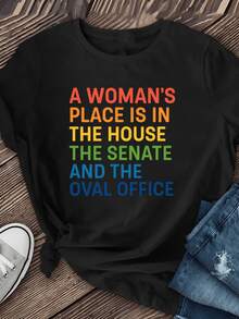 Frase con mensaje feminista que celebra el poder político y la igualdad de las mujeres recordando su lugar en la casa el senado y la oficina oval camiseta de mujer casual moderna - Negro - Ver 1