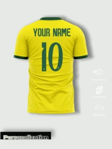Camiseta de fútbol retro personalizada de Brasil, camiseta amarilla impresa con texto "BRASIL" y patrón de estrellas, nombre y número personalizables para deportes - Amarillo - Ver 3