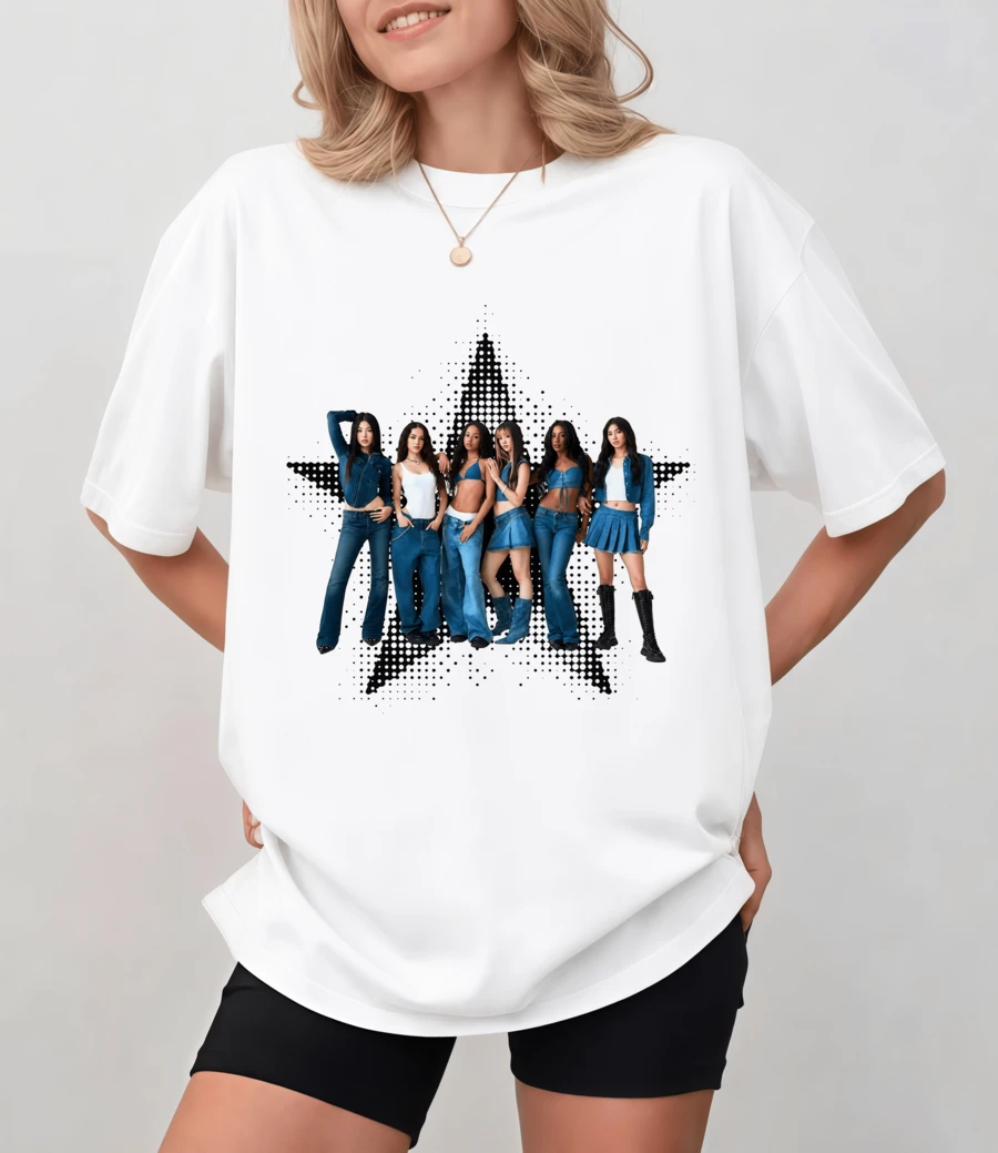 Katseye Tee With Band Photo And Black Star With Dots, Unisex Relaxed Fit - White - View 1