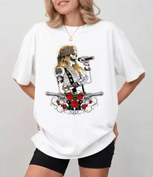 Vintage Guns Roses T-Shirt With Singing Skeleton, Red Roses And Guns, Unisex Relaxed Fit - White - View 9