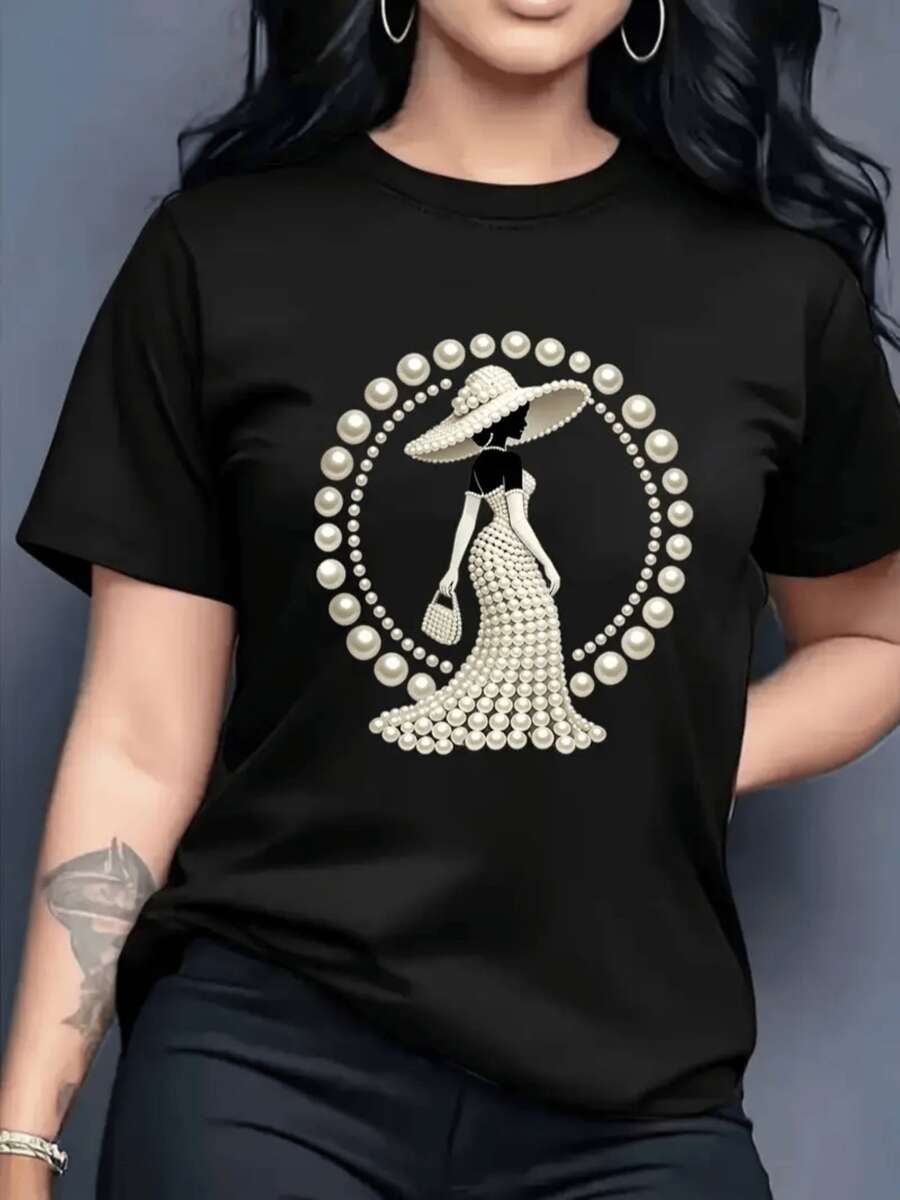 Figure Of An Elegant Woman Formed By Pearls That Symbolize Luxury, Confidence And Inner Beauty Surrounded By A Circle Of Light That Reflects The Art Of Modern Femininity. Comfortable Casual Women's T-Shirt For Everyday Wear - 黑色 - 查看 1