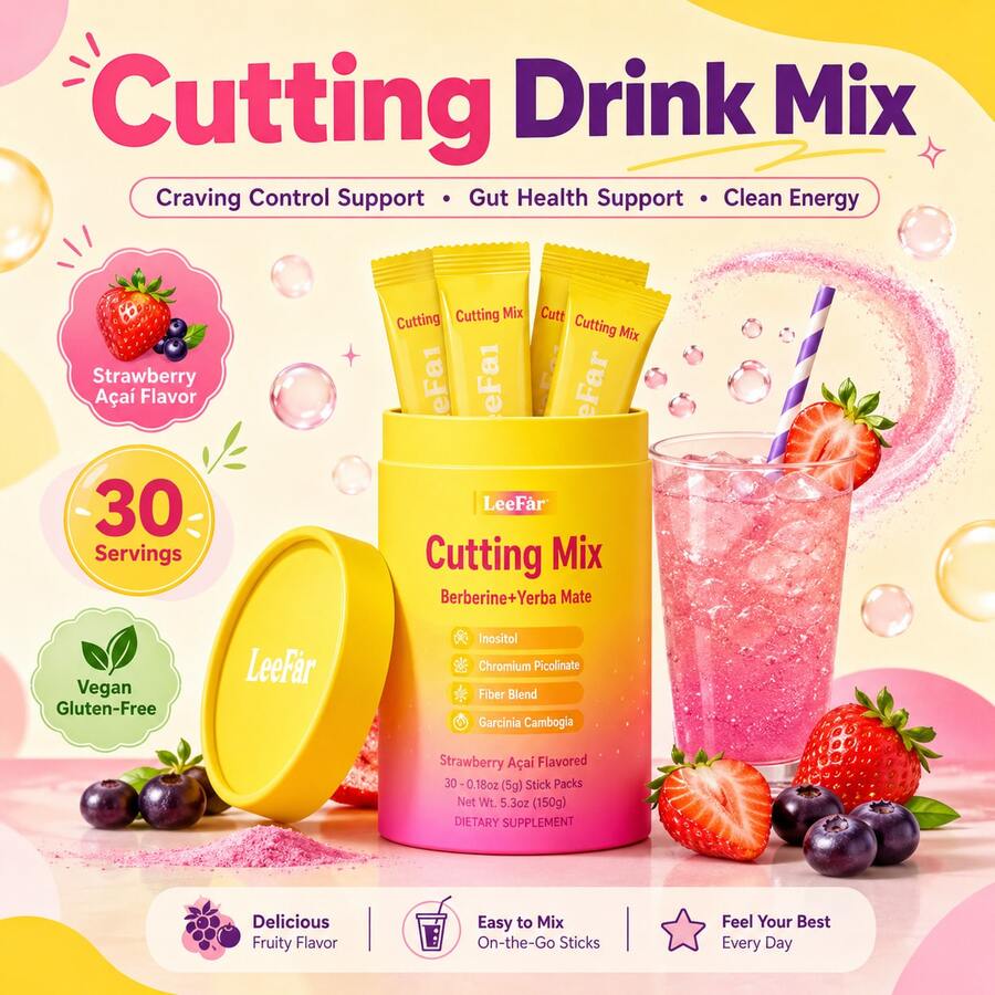 [1 Piece]LeeFar Cutting Drink Mix, Strawberry Acai Flavor, Craving Control Support & Gut Health Drink Powder, Clean Energy Wellness Mix With Berberine, Yerba Mate, 5-HTP, Chromium & Magnesium, Vegan Gluten-Free, 30 Servings - 1 件 - 查看 1