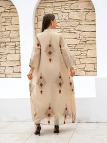 四季中東女款長袍立領亮片刺繡網紗蕾絲晚禮服 Jalabiya - 杏色 - 查看 7