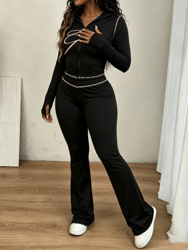 Conjunto de chándal de estilo casual y urbano para mujer, sudadera con capucha y pantalones estampados con cremallera, conjunto de 2 piezas de manga larga, elegante para primavera en color negro