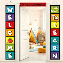 2D Flat 2pcs Back-To-School Season Welcome Decorative Door Couplets, Back-To-School Theme Learning Slogans Decorative Door Flags, Campus Classroom Decorative Banners, Back-To-School Activity Entrance Porch Door Hanging Curtain, Polyester Material - A - View 4