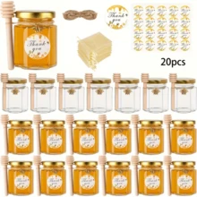 Mini Hexagon Glass Jars, 10/20/30/50pcs Set, Decorated With Ursa Major And Bee Patterns, 1.52oz/45ml Capacity, Suitable For Honey, Jam, Candy, With Gold Lids. Suitable For Daily Home Use And Outdoor Picnics. - View 6