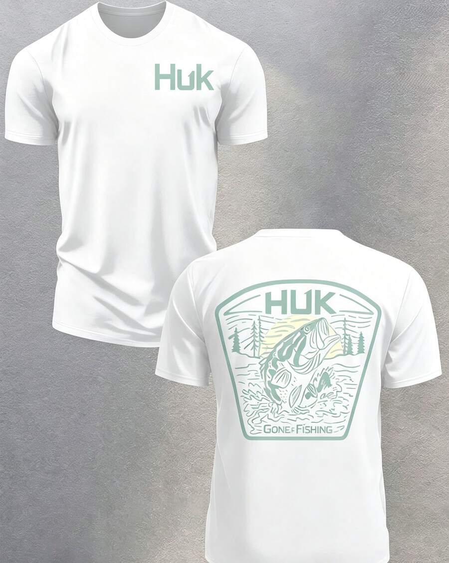 HUKFishing Graphic Mens Short Sleeve Tee, Outdoor Angling Crew Neck Top, Multiple Colors, Ideal Father's Day Gift For Dad, Daily Camping CasualOutfit - White - View 1