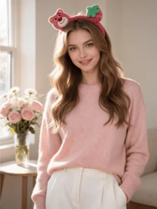 Miniso Fluffy Plush Hair Hoop Hair Wrap With Cute Ear And Flower Decor Convenient For Skincare Makeup Face Washing Sheet Mask Daily Wear Shower Party Cosplay Photoshoot Travel Home Office Gift Practical Versatile For Multiple Uses - Style2 - View 2