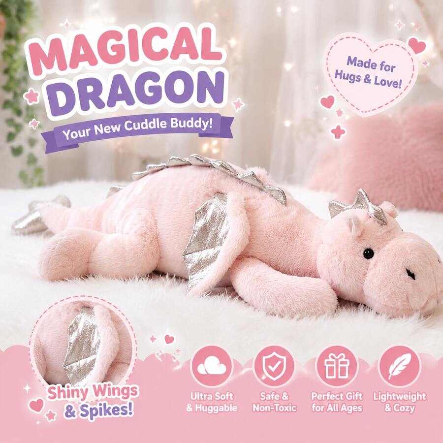 Dragon Stuffed Animals, Squishy Dragon Plush – Birthday Gifts, Graduation Gifts, Gifts For Boyfriend, 35.4in/45.2in Dragon Plushie, Kids & Adults Toys, Christmas Gifts, Pillows & Stocking Stuffers - 粉色 - 查看 1