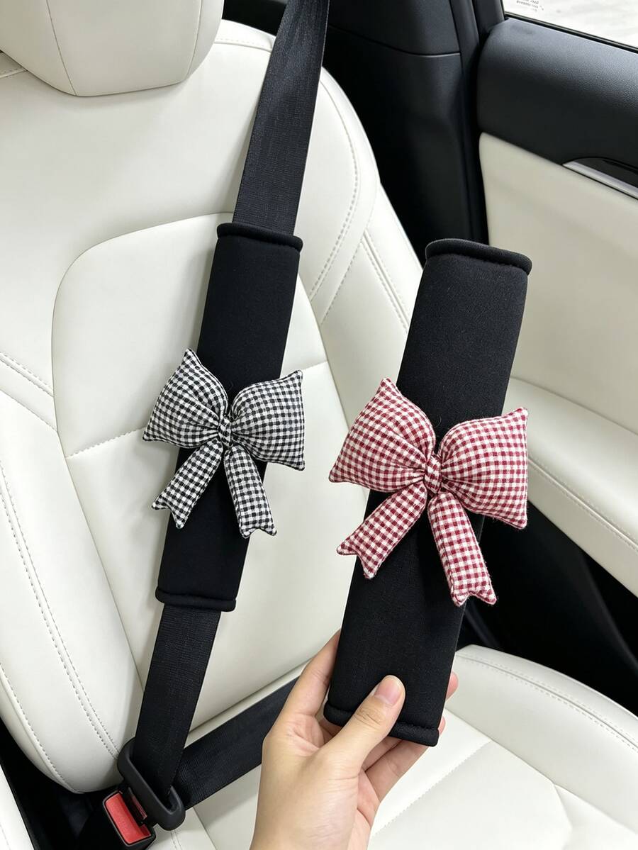 Đệm vai dây an toàn ô tô nơ kẻ caro dễ thương, bảo vệ vai bằng vải voan mùa hè, chống cọ xát cổ, trang trí nội thất ô tô - A - Xem 1