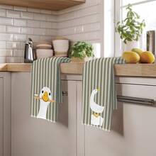 2pcs Green Striped Cute Goose Pattern Kitchen Towels, 40*60cm Soft Microfiber Material, Suitable For Home, Kitchen, Restaurant, Outdoor Camping, Tabletop Cleaning, Dish Drying, Hand Towel, Holiday Gift - Multicolor - View 7