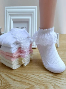 3 Pairs Children Lace Trim Socks, Comfortable Design Suitable For Dance, Outdoor And Various Occasions, Fashionable And Versatile Short Socks - Multicolor - View 11
