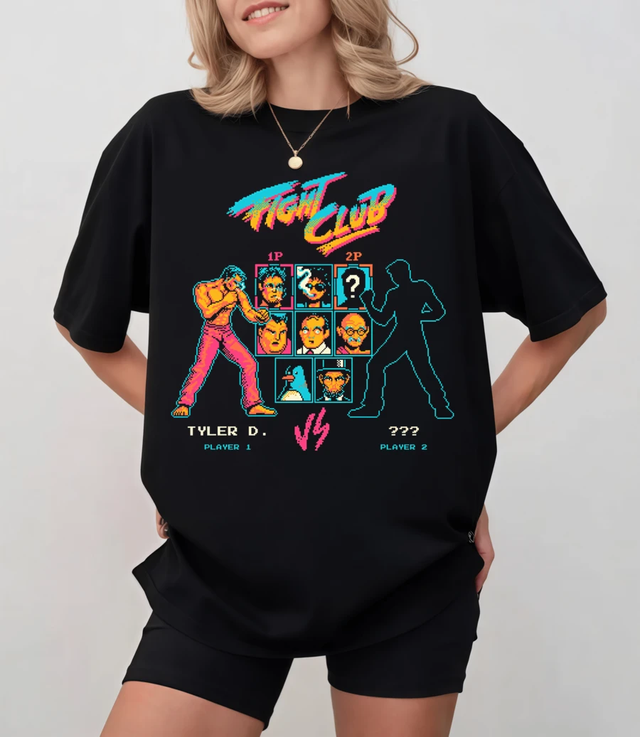 Black T-Shirt With "Fight Club" Design In A Retro Arcade Game Style, Unisex Relaxed Fit - Black - View 1