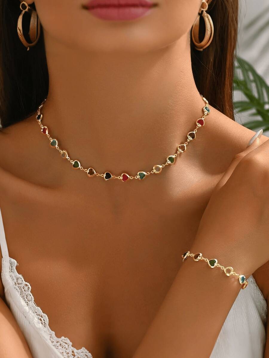 2pcs/Set Fashionable Colorful Heart Rhinestone Necklace & Bracelet Set, Luxury Minimalist Colorful Clavicle Chain (Random Color Rhinestone) - Multicolor - View 1