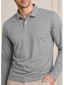 Men's Basic Plain Long-Sleeve Polo Shirt - Grey - View 2